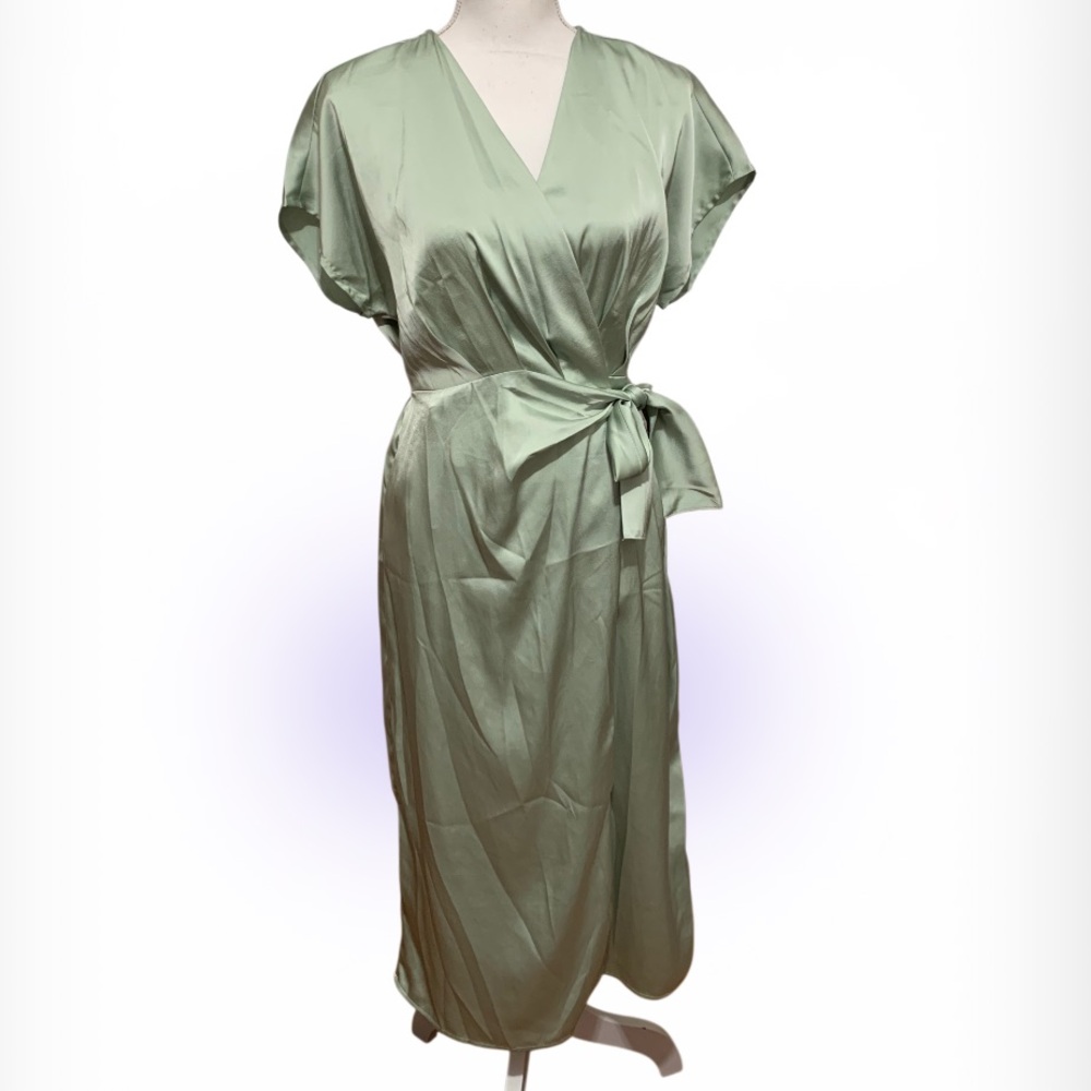 Sage Green Satin Wrap Dress